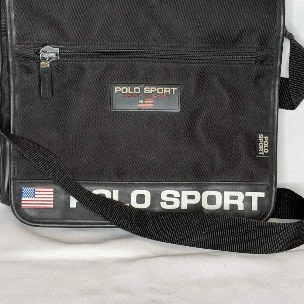 Vtg Polo Sport Ralph Lauren messenger black bag nylon Y2K USA flag‎ logo 11x11x2